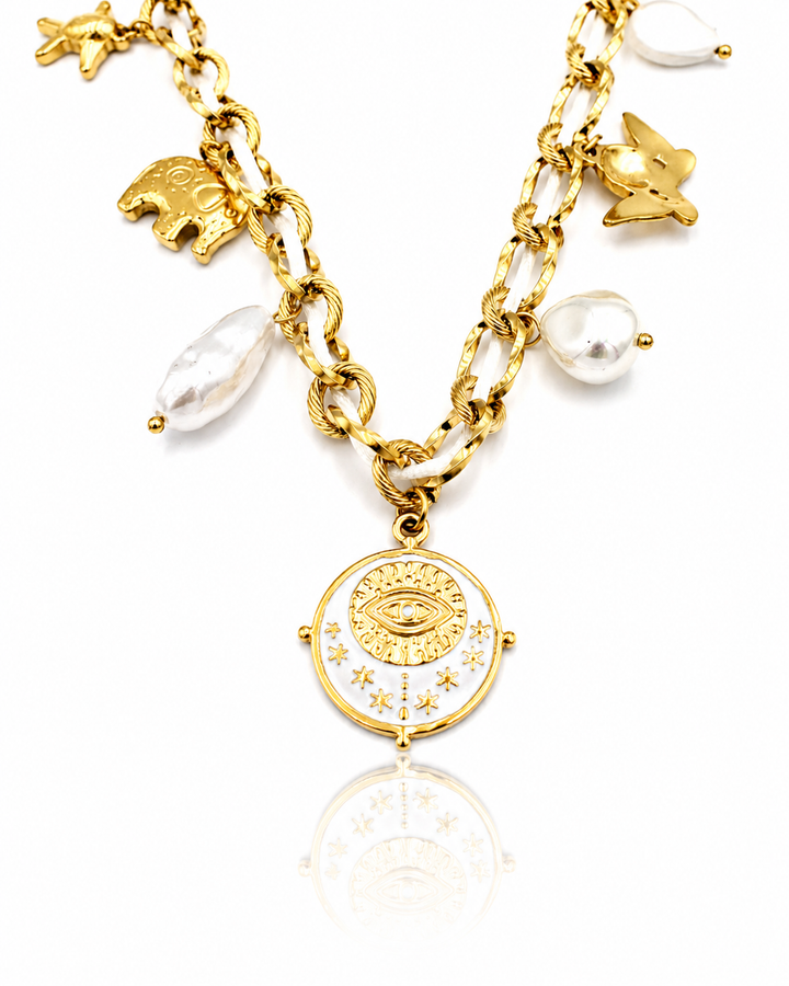 Gold Plated Waterproof Baroque Pearl Charm Statement Necklace - 40.7 cm (11420)
