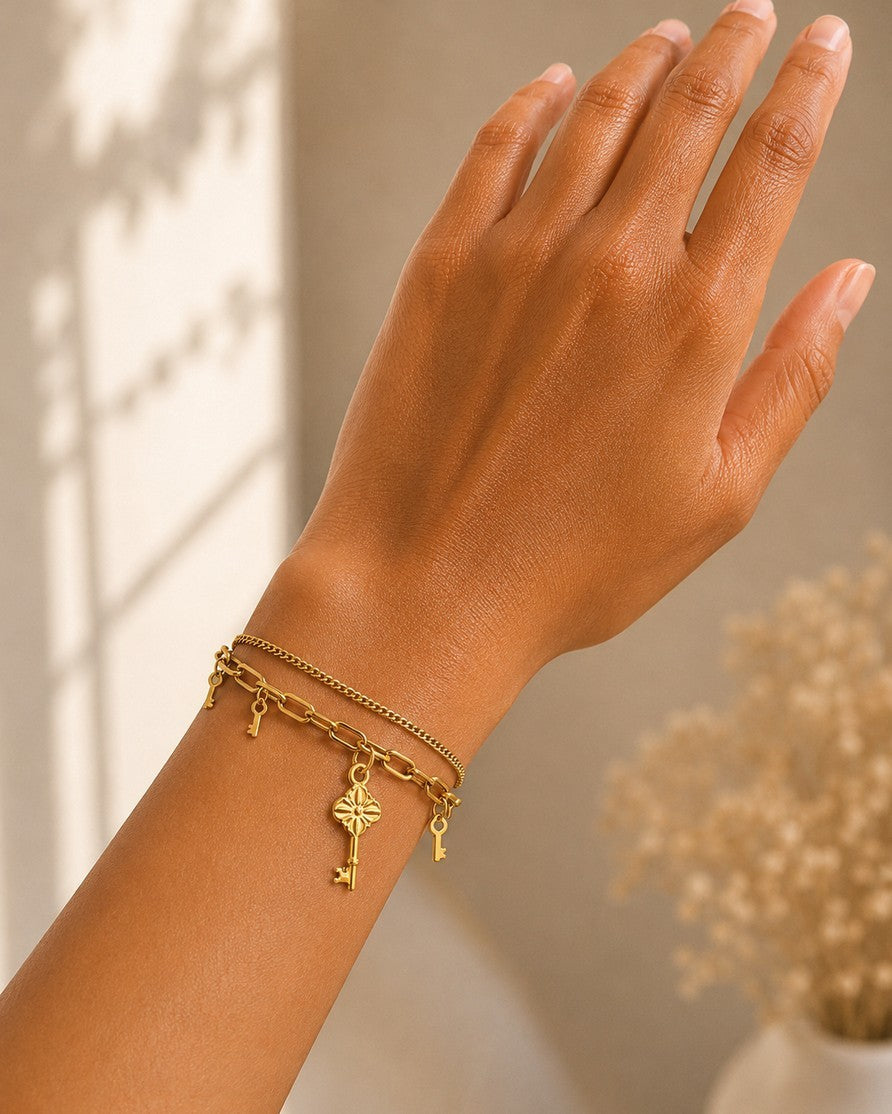 Gold Plated Waterproof Vintage Key Layered Chain Bracelet (10287)