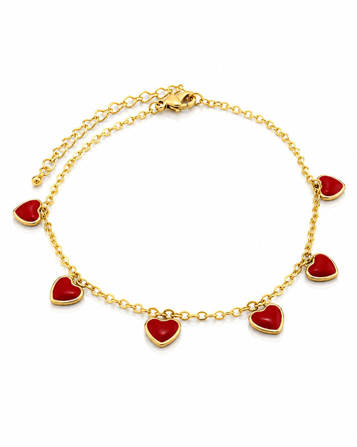 Gold Plated Burgundy Enamel Heart Charm Bracelet (11001)