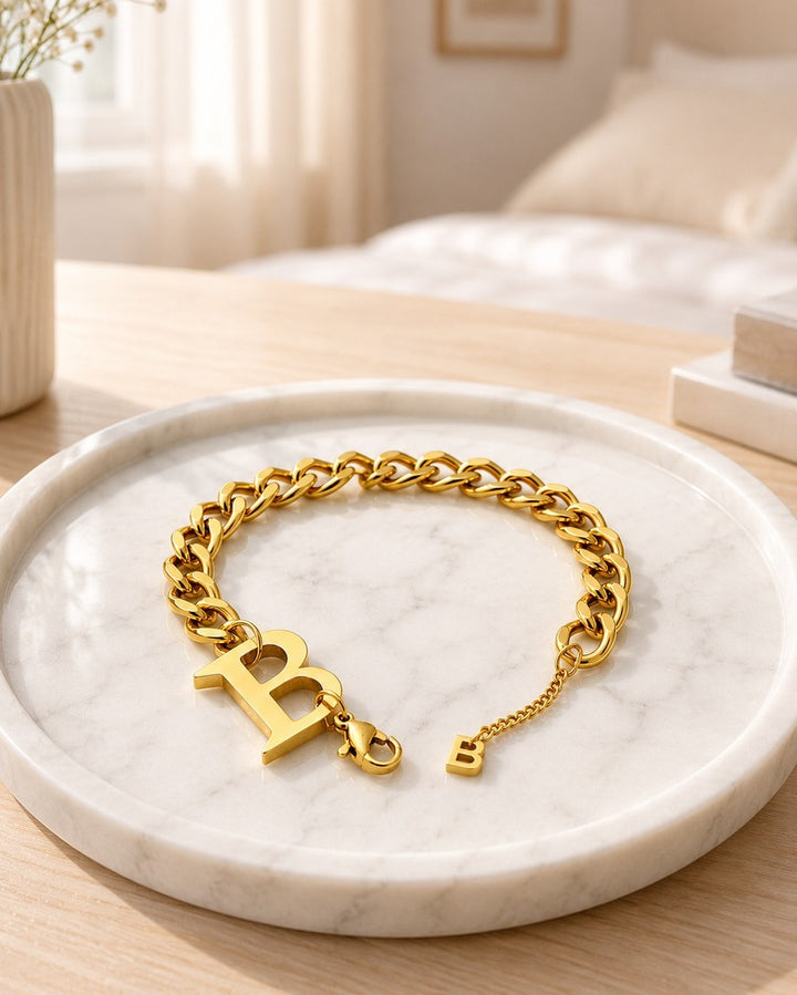 Gold Plated Waterproof Letter 'B' Initial Charm Bracelet (10690)