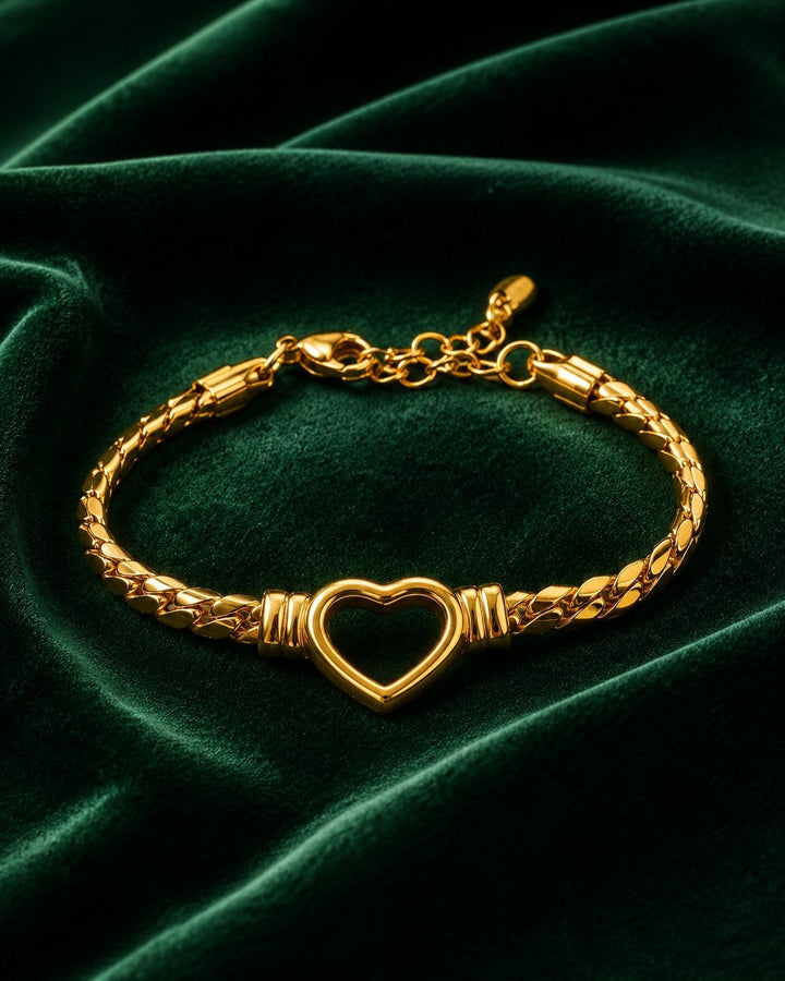 Gold Plated Hollow Heart Cuban Link Chain Bracelet (11214)