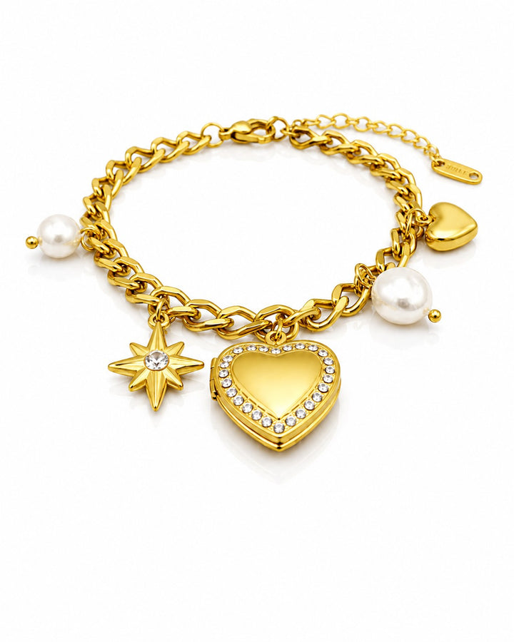Gold Plated Waterproof Heart Locket Charm Bracelet (11452)