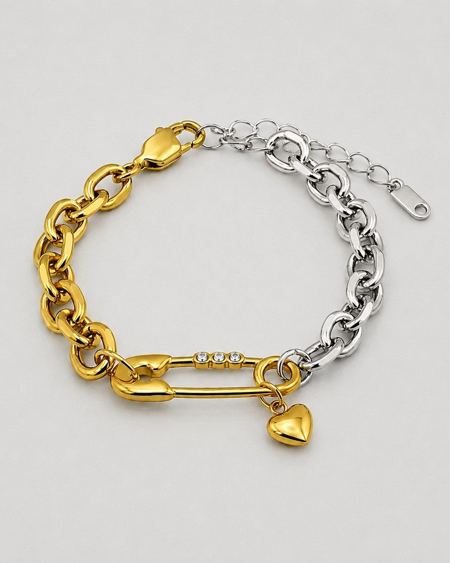 Gold Plated Two-Tone Safety Pin Chain Bracelet (11466)
