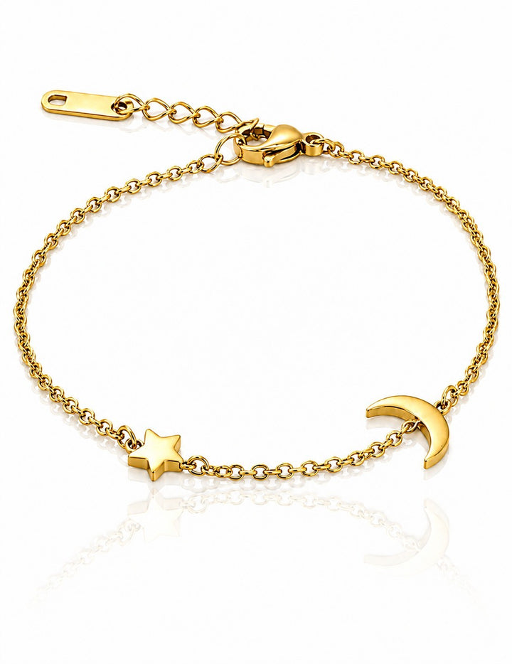 Gold Plated Waterproof Celestial Moon & Star Charm Bracelet (200013)