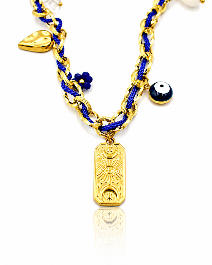 Blue Crystal Evil Eye Charm Gold Plated Necklace - 40.5 cm (11418)