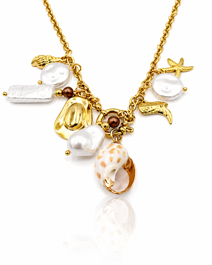 Gold Plated Waterproof Multi Charm Layered Statement Necklace (11414)