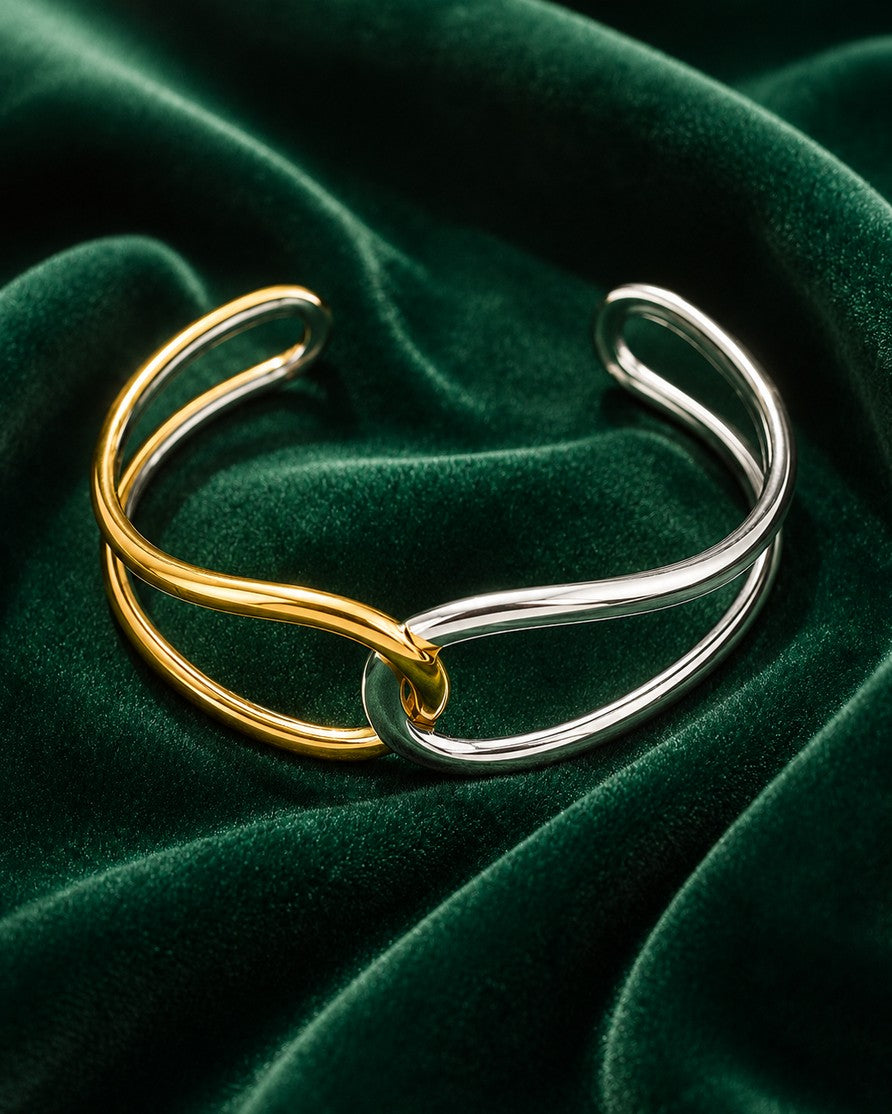Gold Plated Waterproof Two-Tone Twist Bangle Bracelet (11440)