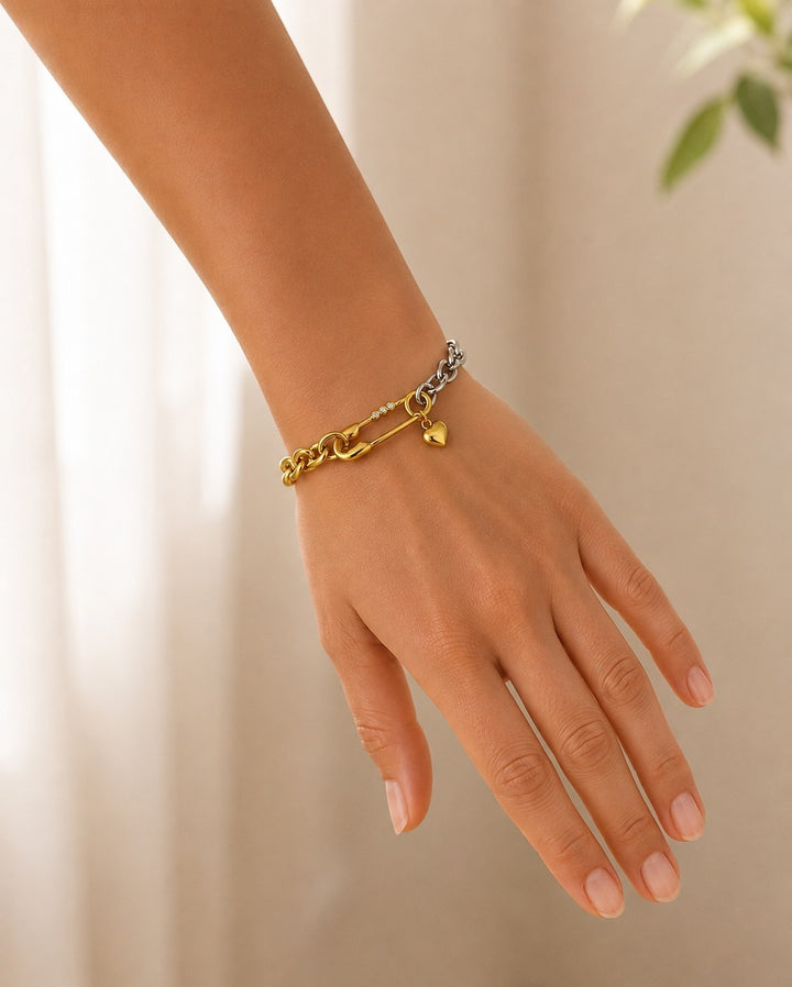 Gold Plated Two-Tone Safety Pin Chain Bracelet (11466)