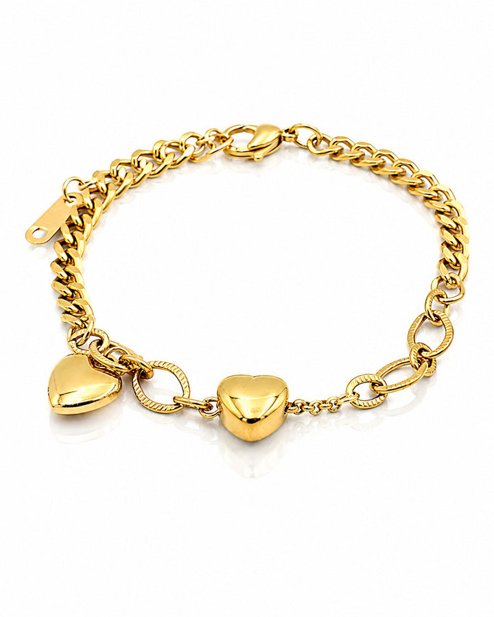 Gold Plated Waterproof Curb Chain Heart Charm Bracelet (10994)