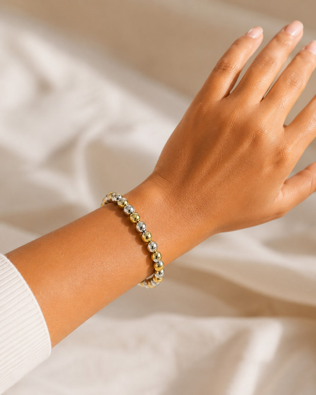 Two-Tone Gold & Silver Beaded Stretch Bracelet (11826)