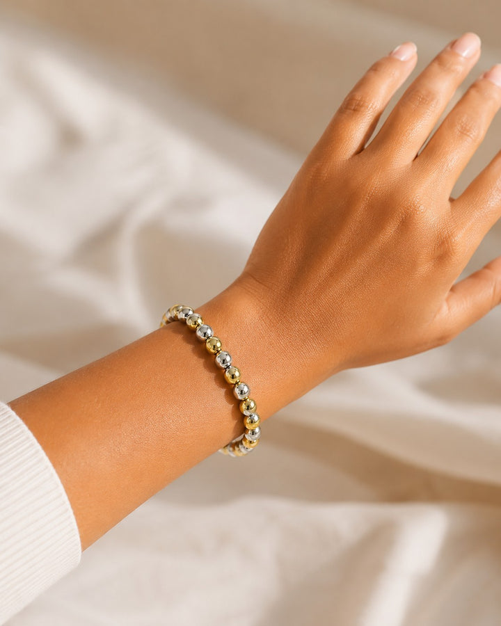 Two-Tone Gold & Silver Beaded Stretch Bracelet (11826)