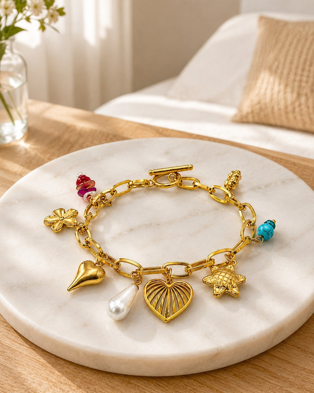 Gold Plated Waterproof T-Bar Cross Charm Bracelet (11437)