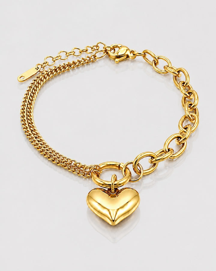 Gold Plated Waterproof Paperclip Chain Heart Charm Bracelet (10996)