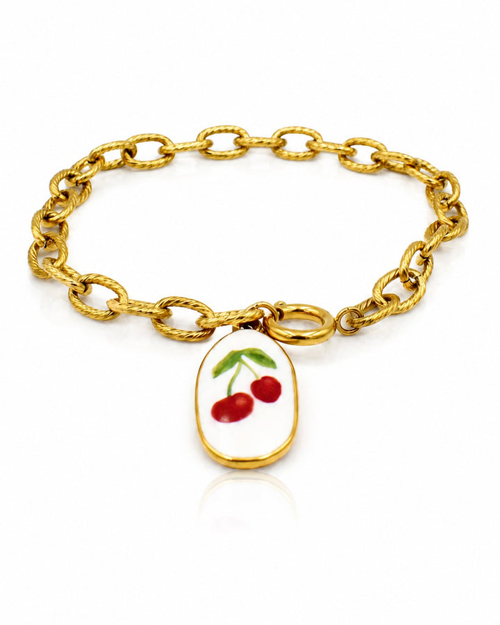Gold Plated Waterproof Cherry Charm Bracelet (11444)