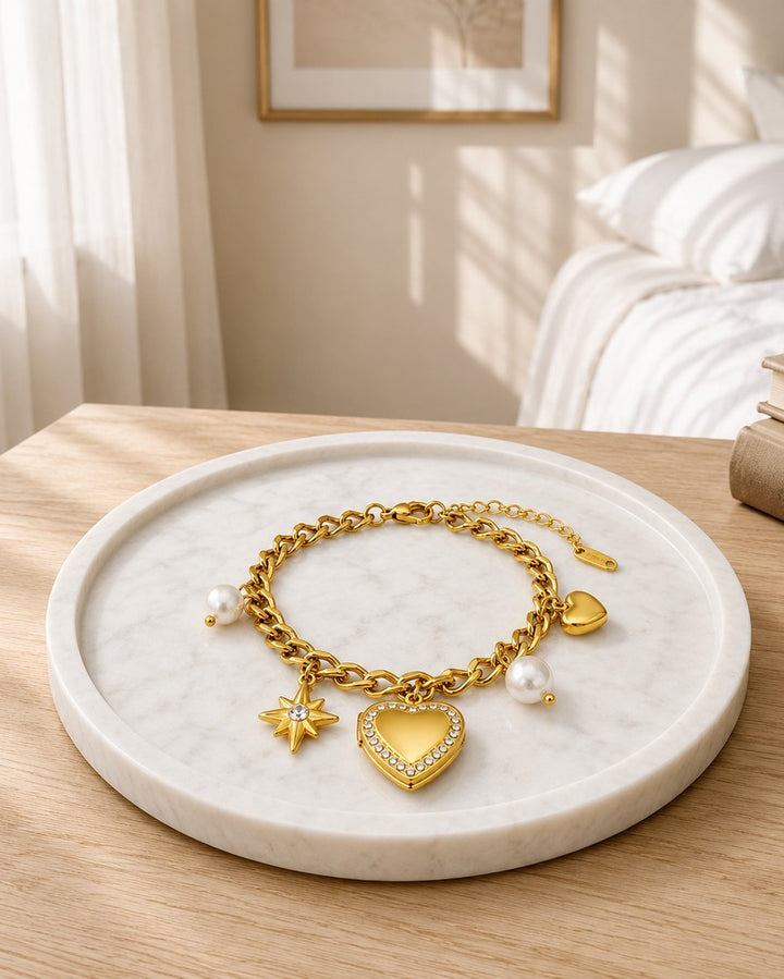 Gold Plated Waterproof Heart Locket Charm Bracelet (11452)