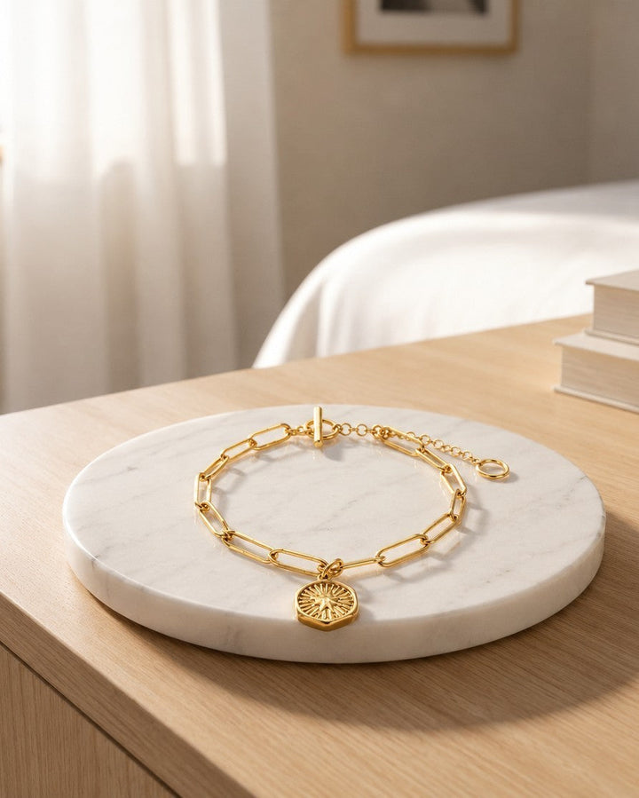 Gold Plated Waterproof Celestial Starburst Charm Bracelet (11582)