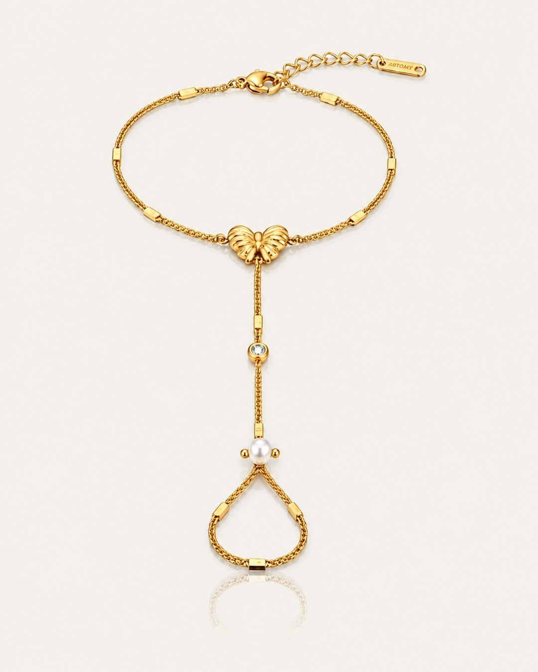 Gold Plated Hand Chain Bracelet with Attached Ring (11837)