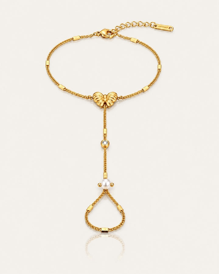 Gold Plated Hand Chain Bracelet with Attached Ring (11837)