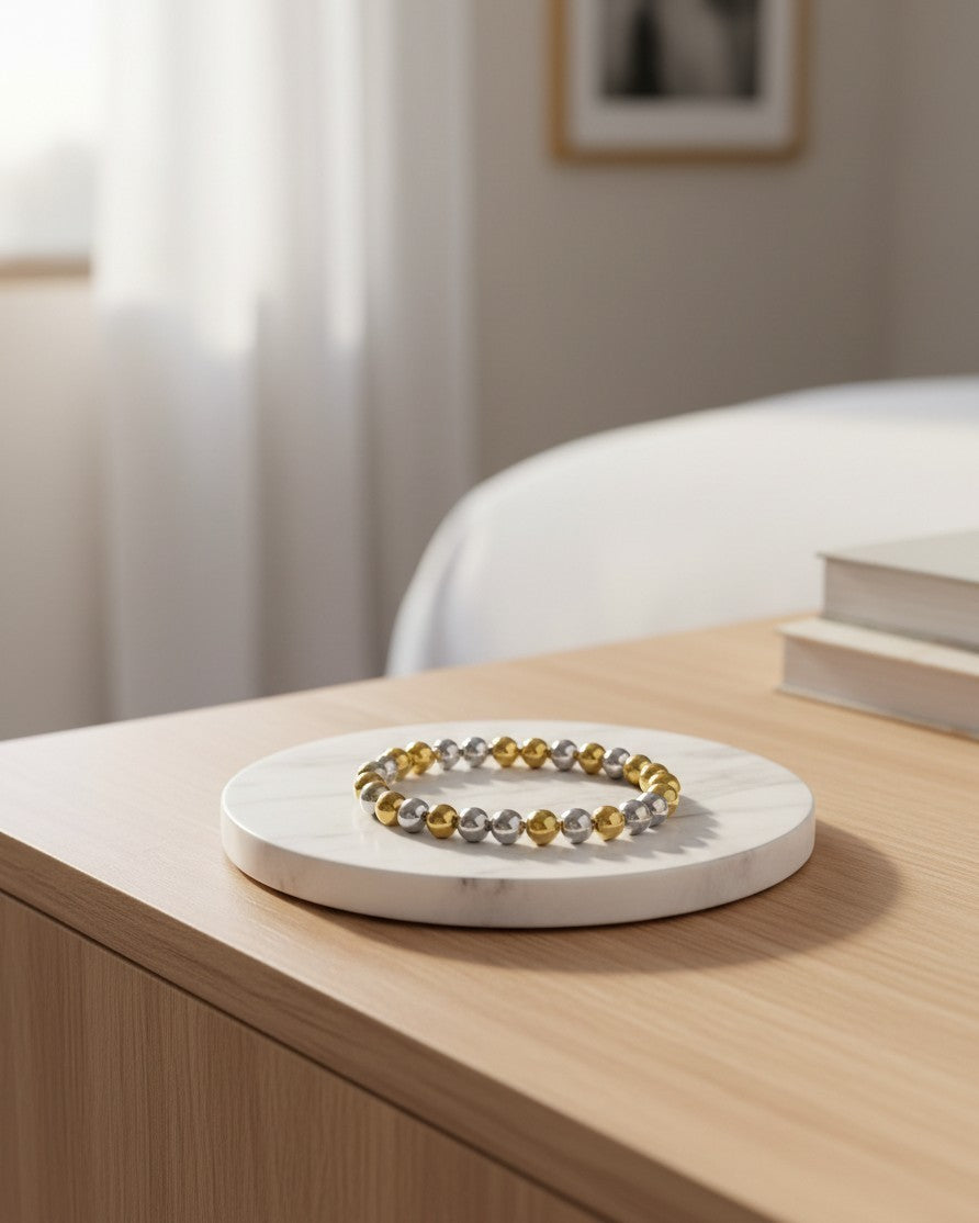 Two-Tone Gold & Silver Beaded Stretch Bracelet (11826)