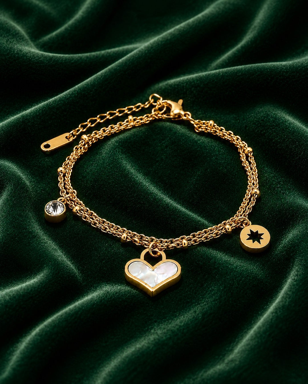 Gold Plated Waterproof Diamante Heart Layered Bracelet (10997)