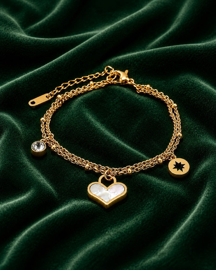 Gold Plated Waterproof Diamante Heart Layered Bracelet (10997)