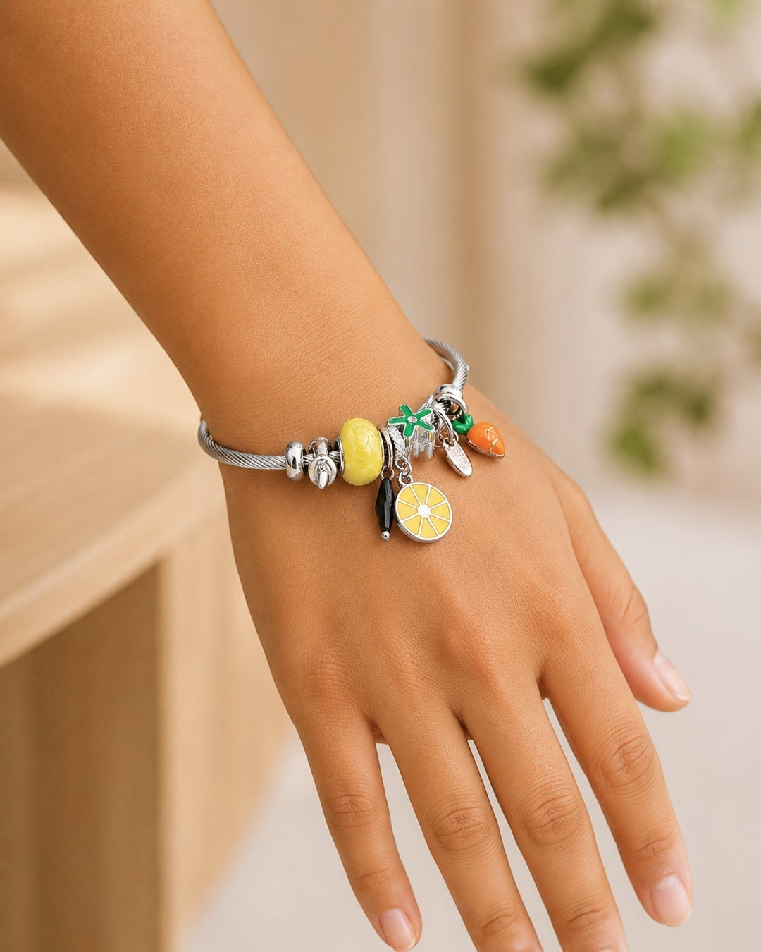 Silver Plated Heart Charm Cable Bangle Bracelet (10270)