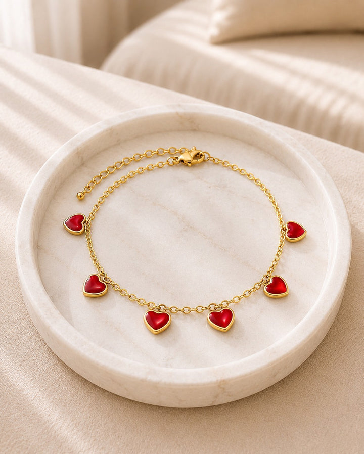 Gold Plated Burgundy Enamel Heart Charm Bracelet (11001)