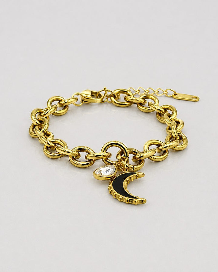 Gold Plated Black Crescent Moon Charm Bracelet (11465)