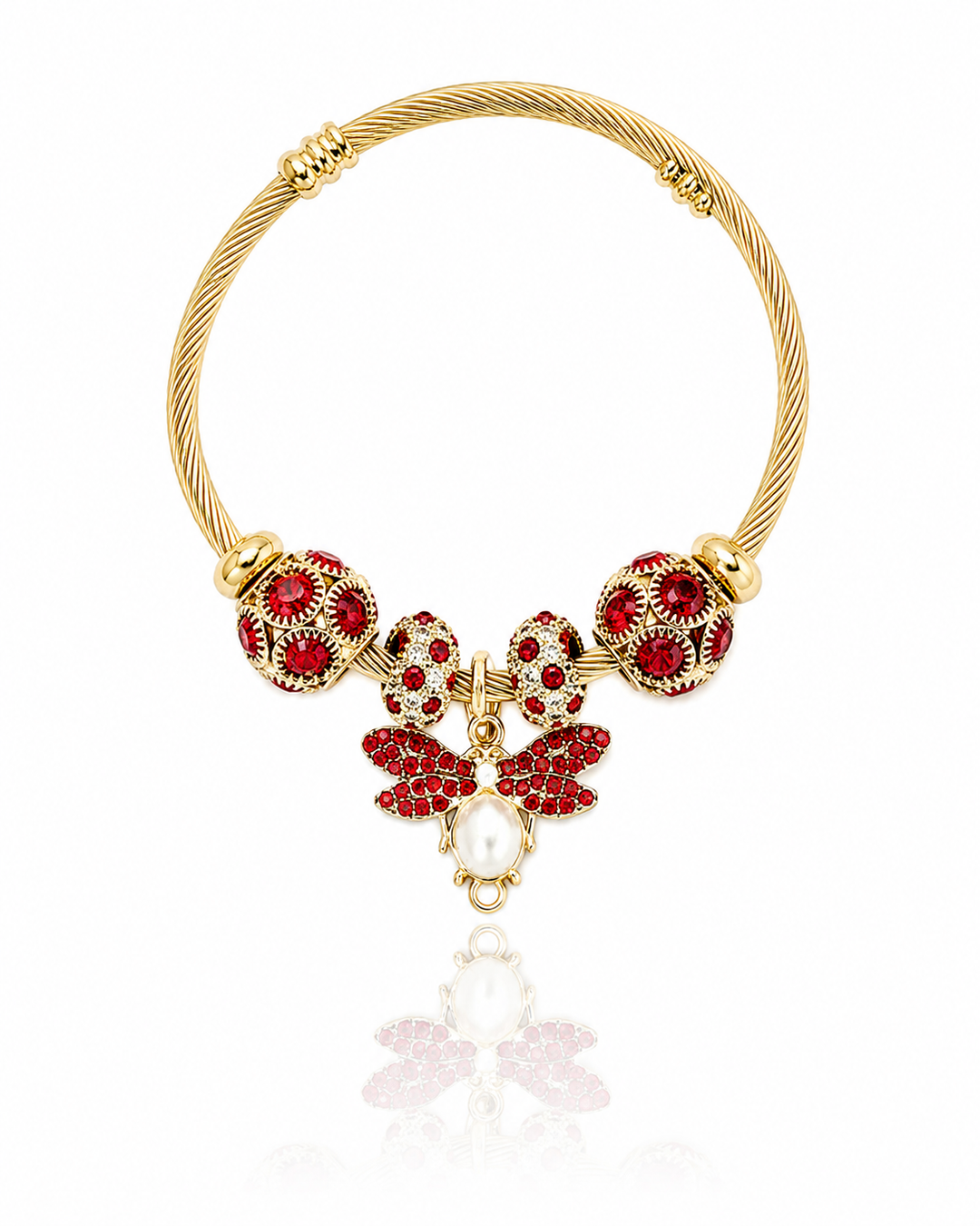 Gold Plated Waterproof Bee Charm Hinged Bangle Bracelet (11765)
