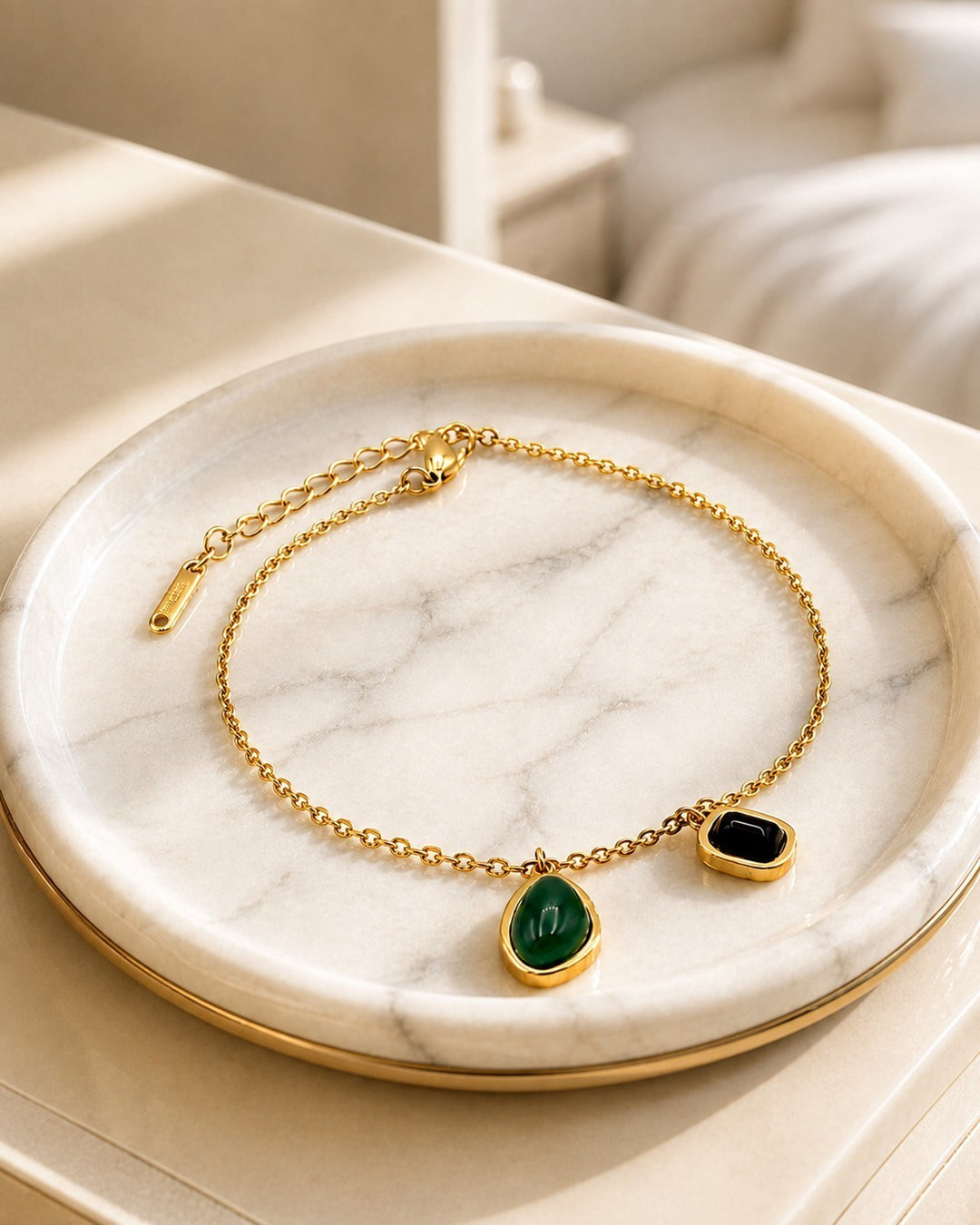 Gold Plated Waterproof Dainty Green and Black Stone Chain Bracelet (10827)