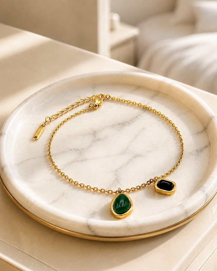 Gold Plated Waterproof Dainty Green and Black Stone Chain Bracelet (10827)