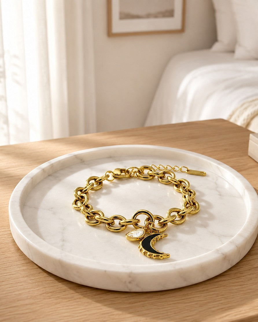 Gold Plated Black Crescent Moon Charm Bracelet (11465)