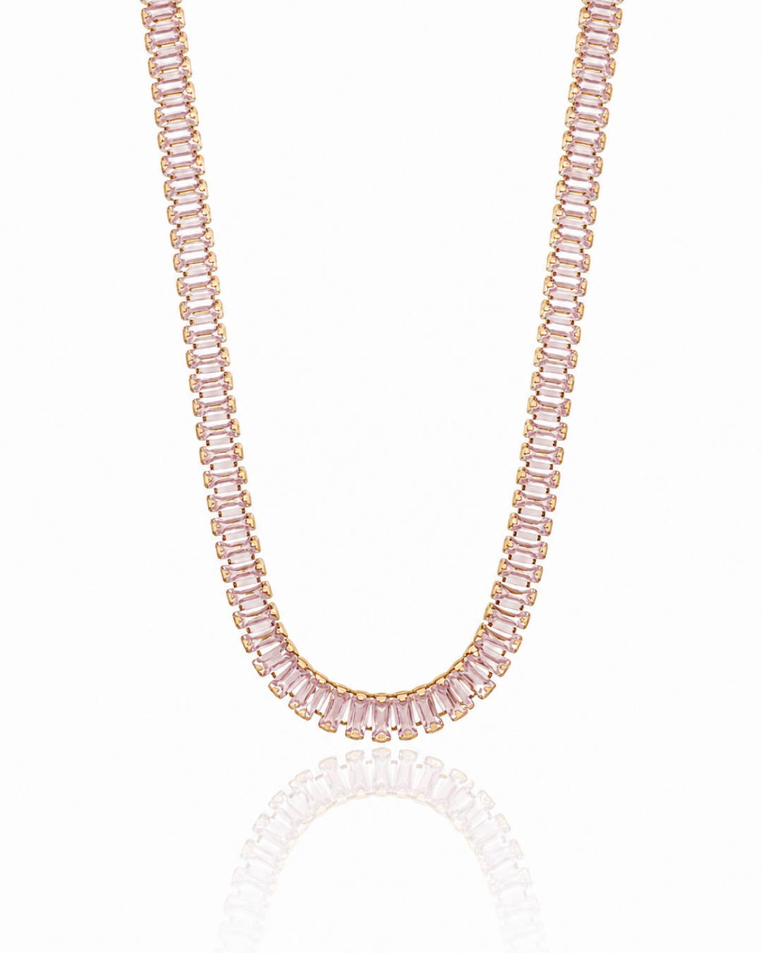 Pink Baguette Crystal Statement Necklace Gold Plated Waterproof (100046)