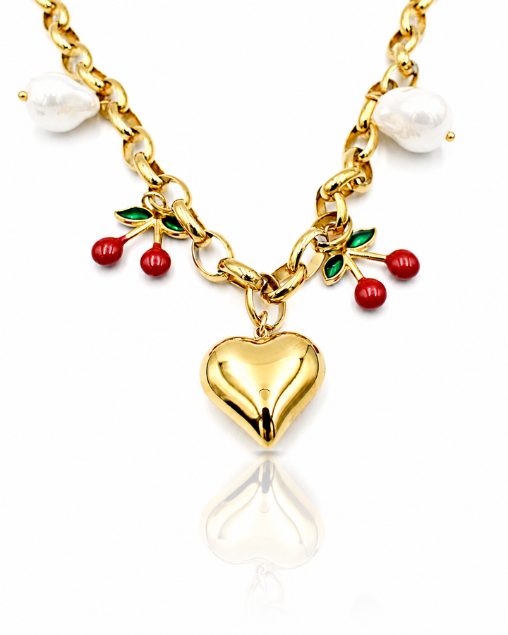 Gold Plated Waterproof Heart and Cherry Charm Pendant Necklace - 44.5 cm  (11406)