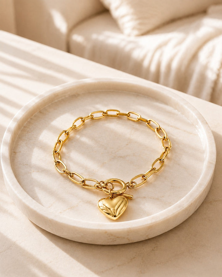 Gold Plated Waterproof T-Bar Heart Charm Link Bracelet (10989)
