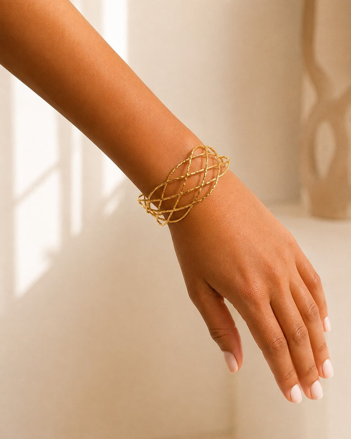 Gold Toned Geometric Fence Pattern Chunky Statement Bangle (11462)