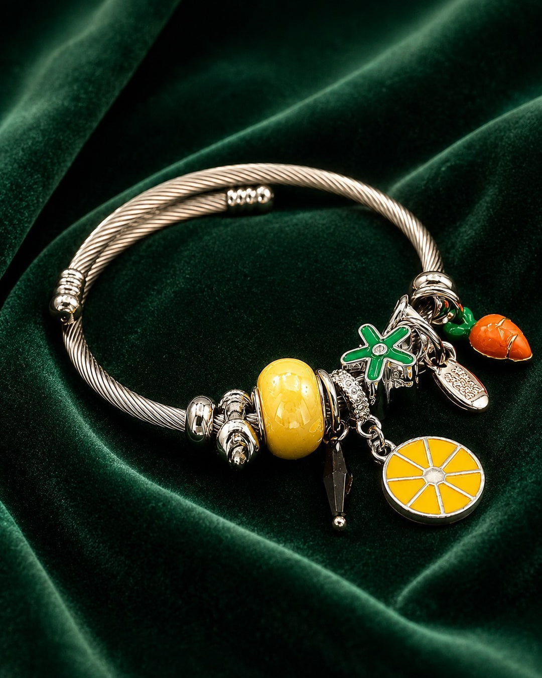Silver Plated Heart Charm Cable Bangle Bracelet (10270)