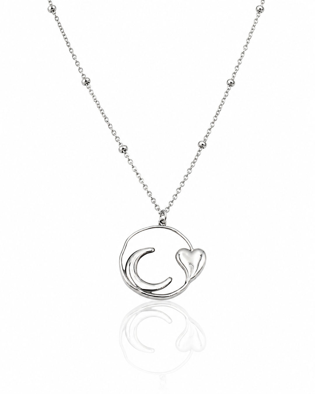 Rhodium Plated Celestial Moon and Heart Charm Necklace (10765)