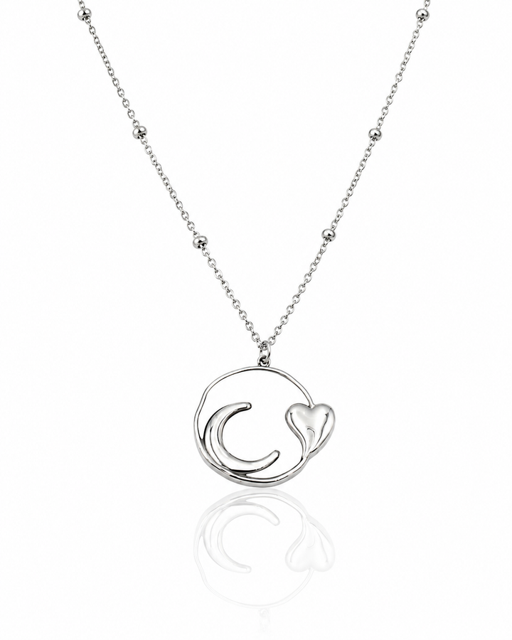 Rhodium Plated Celestial Moon and Heart Charm Necklace (10765)