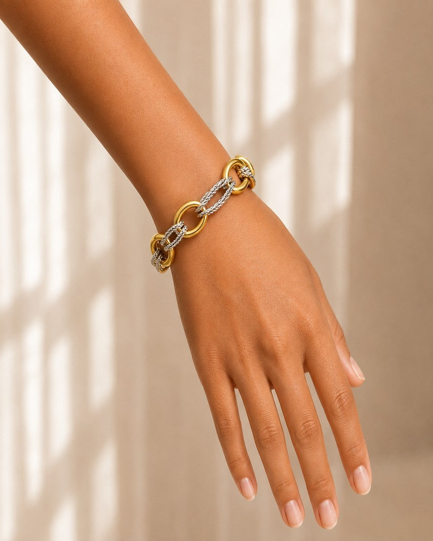 Gold Plated Waterproof Chunky Two-Tone Link Bracelet (11470)