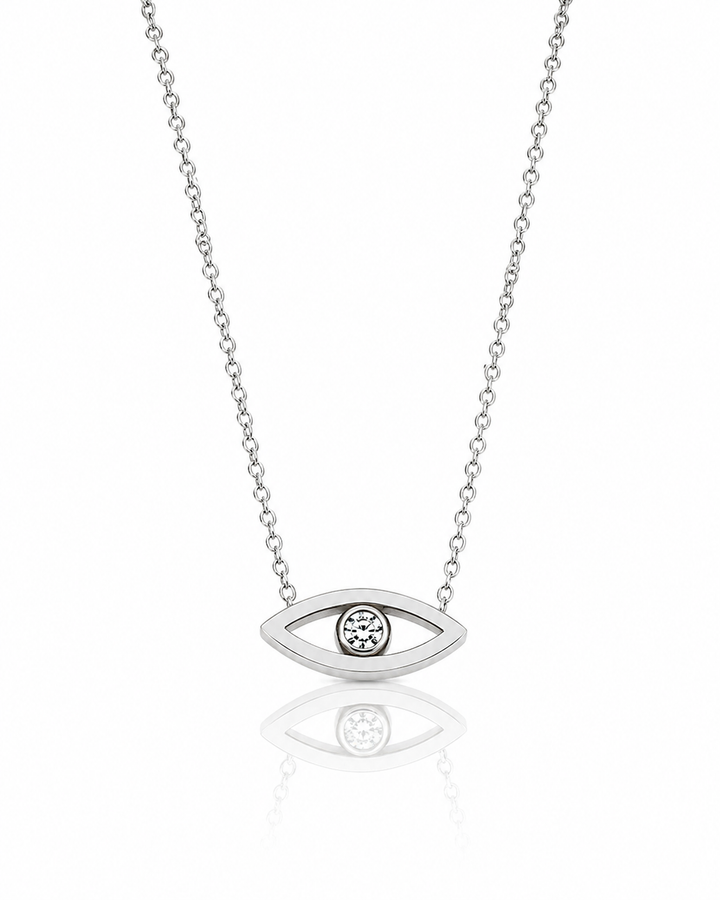 Rhodium Plated Cubic Zirconia Evil Eye Protection Pendant Necklace - 44 cm  (10640)