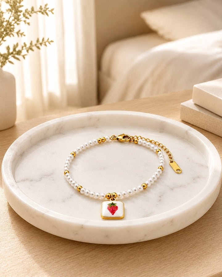 Gold Plated Waterproof Strawberry Pearl Charm Bracelet (11445)