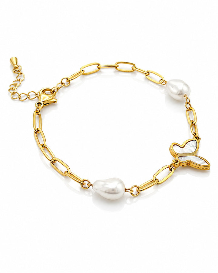 Gold Plated Pearl Butterfly Charm Bracelet (10258)