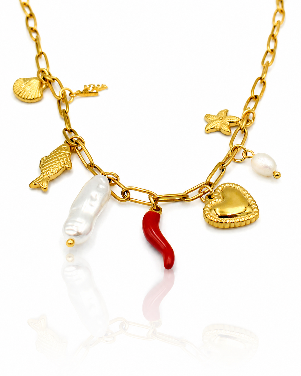 Gold Plated Waterproof Heart and Pearl Pendant Layered Necklace (11412)