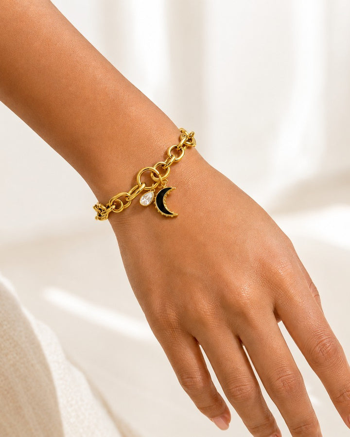 Gold Plated Black Crescent Moon Charm Bracelet (11465)