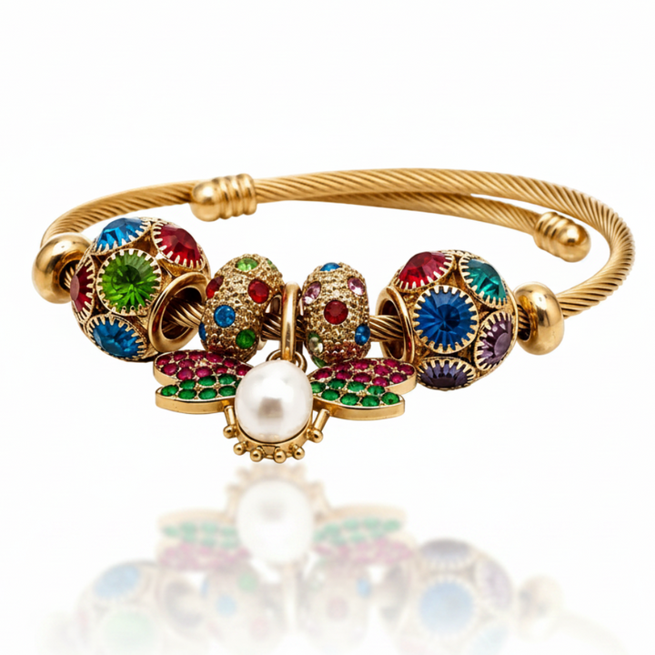 Gold Plated Red & Green Enamel Butterfly Charm Bangle (11845)