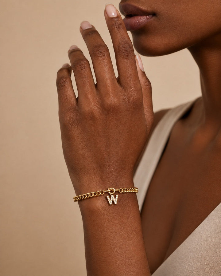 Gold Plated Waterproof Diamante 'W' Initial Letter Bracelet (11798)