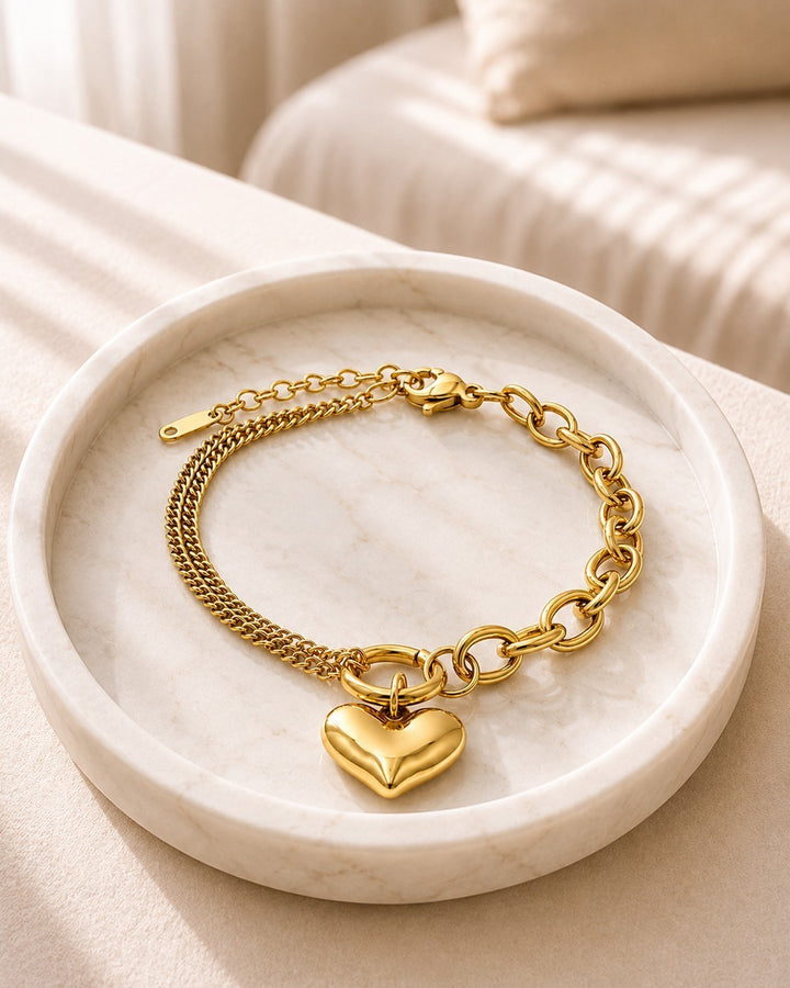 Gold Plated Waterproof Paperclip Chain Heart Charm Bracelet (10996)