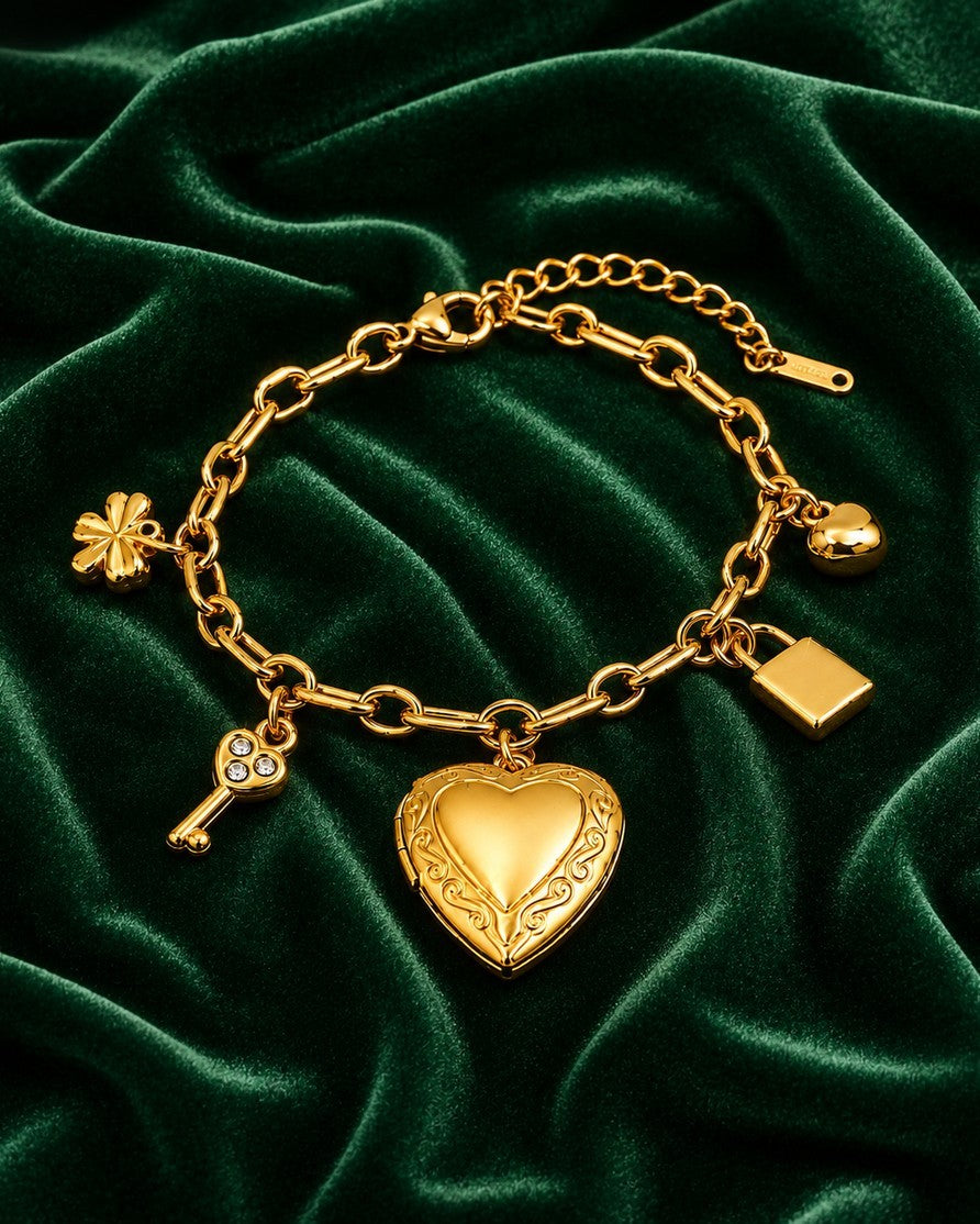 Gold Plated Waterproof Interlinked Heart Chain Charm Bracelet (11455)