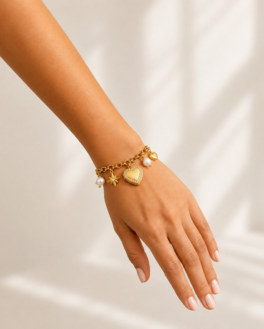 Gold Plated Waterproof Heart Locket Charm Bracelet (11452)